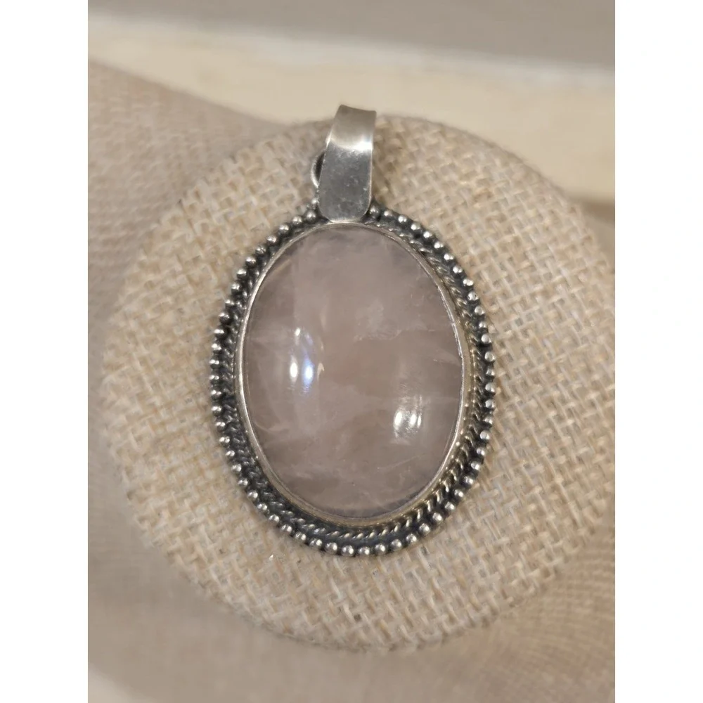 Large‎ Vintage Sterling Silver Rose Quartz Oval Statement Pendant 925